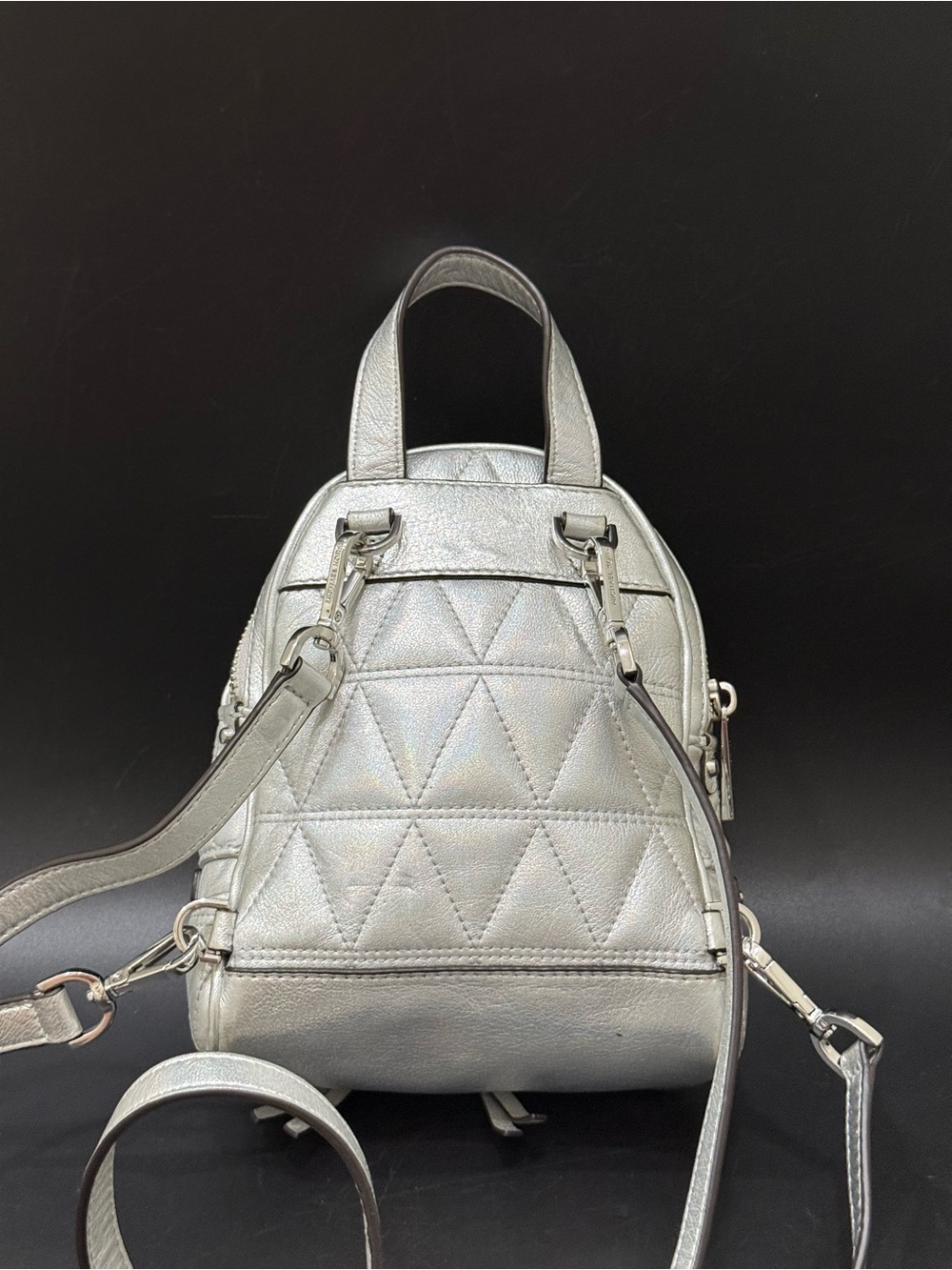 MICHAEL KORS Rhea Mini Silver Metallic Quilted Leather Mini Backpack
EUC - Picture 3 of 16